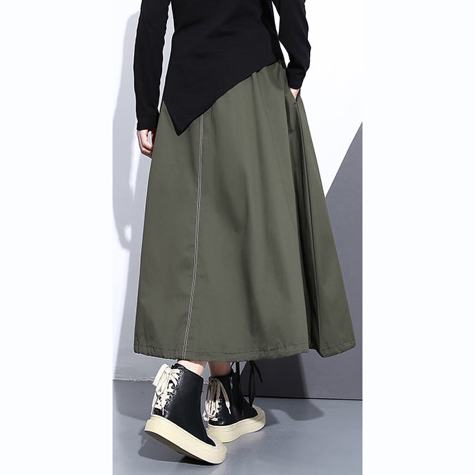Fine Army Green Natural Cotton Skirt Oversize a Line Skirts Traveling Boutique Pockets Drawstring Cotton Skirt