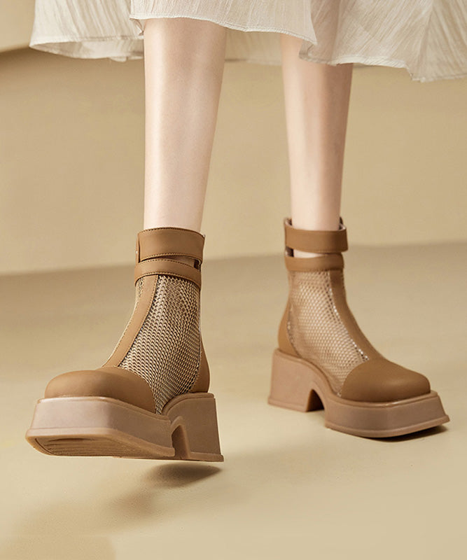 Brown Chunky Faux Leather Breathable Mesh Splicing Sandals