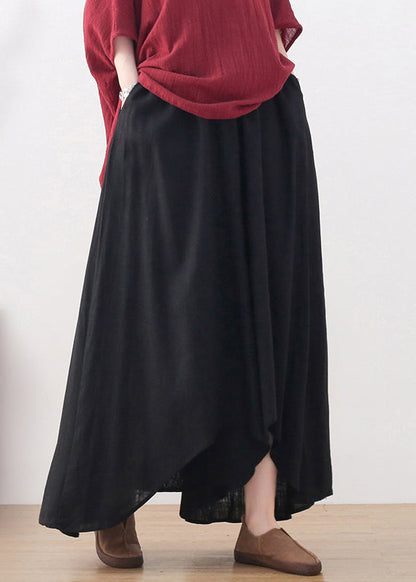Black Elastic Waist Pockets Linen Wide Leg Pants Skirt Fall