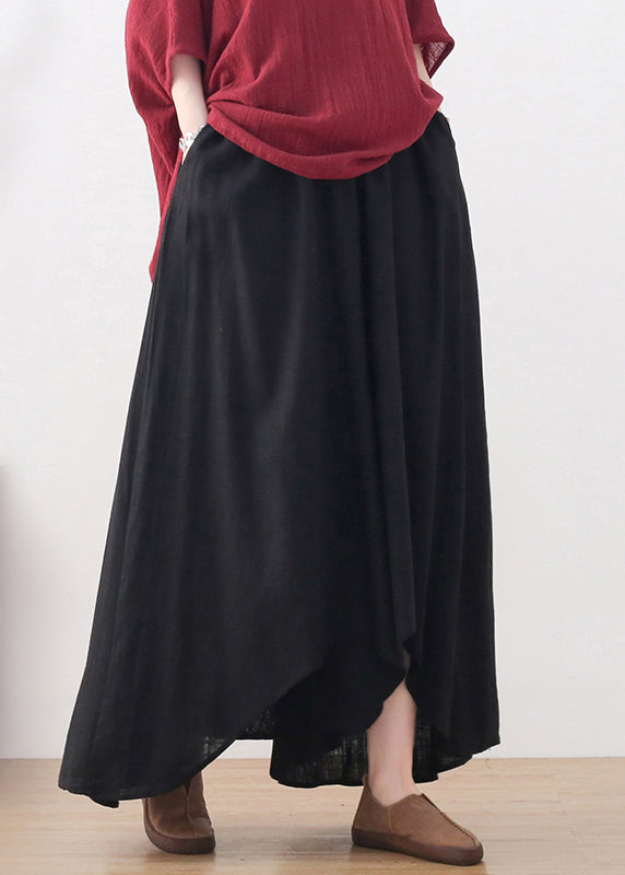Black Elastic Waist Pockets Linen Wide Leg Pants Skirt Fall