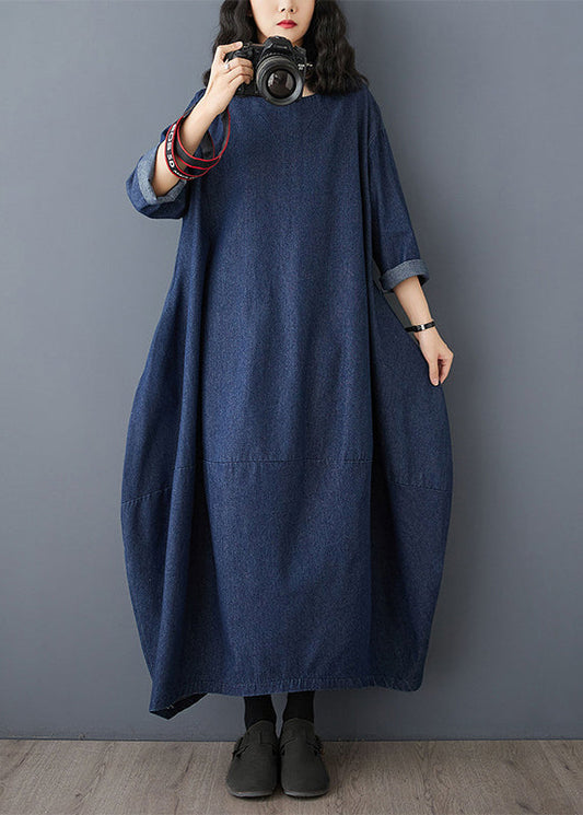 Blue O-neck Denim Maxi Dress Ruffled Sleeve
