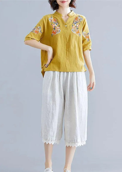 Yellow Embroidery Linen Cotton Blouse Sewing V Neck Summer Top