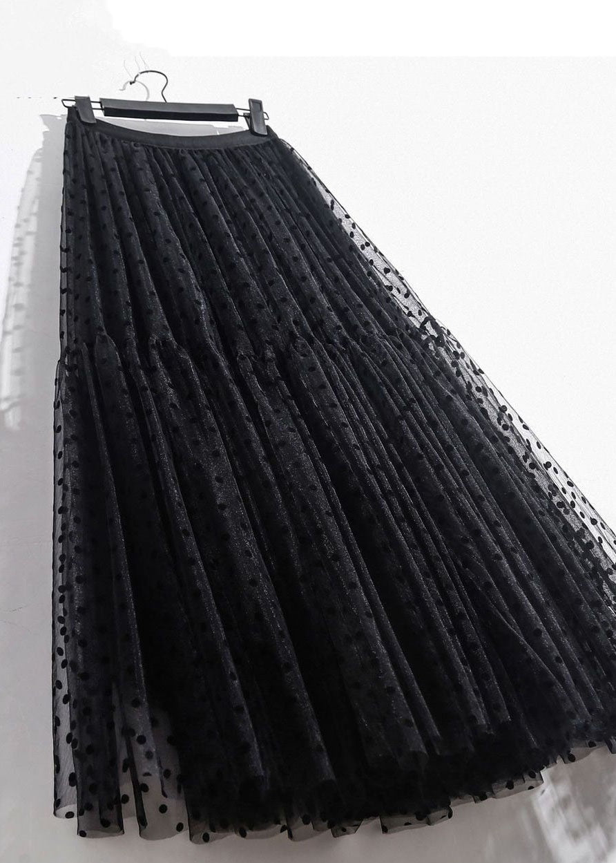 Black Wrinkled Patchwork High Waist Tulle Skirt Spring