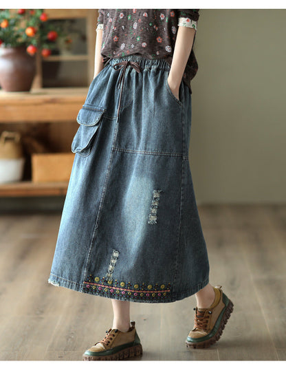 Embroidered Ripped Denim Slim A-line Skirt