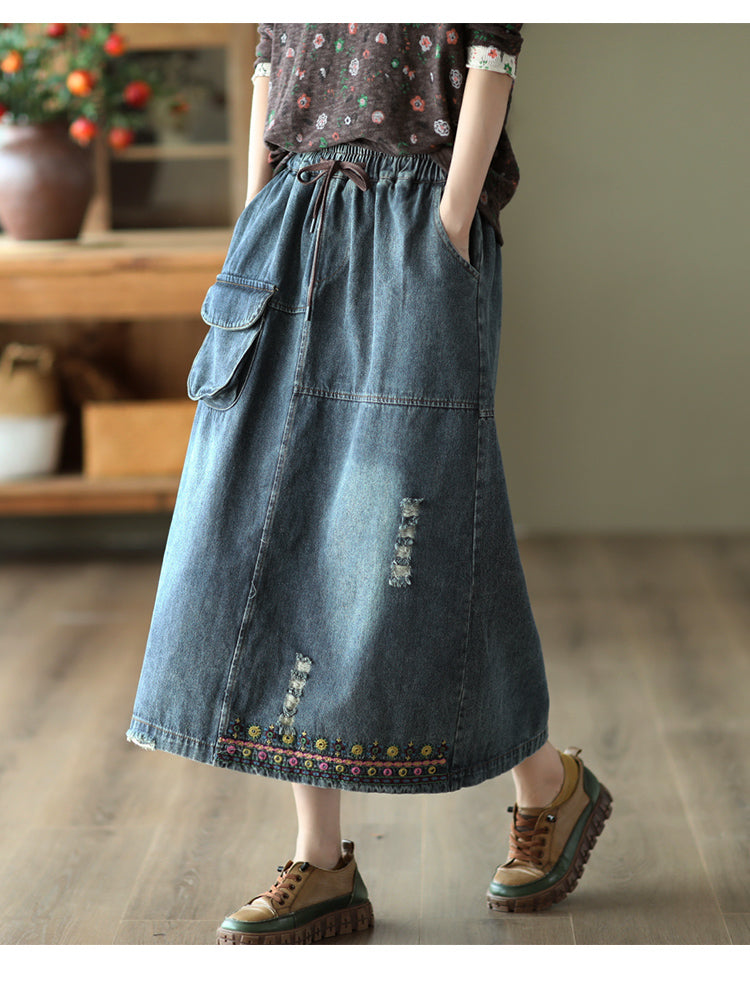 Embroidered Ripped Denim Slim A-line Skirt