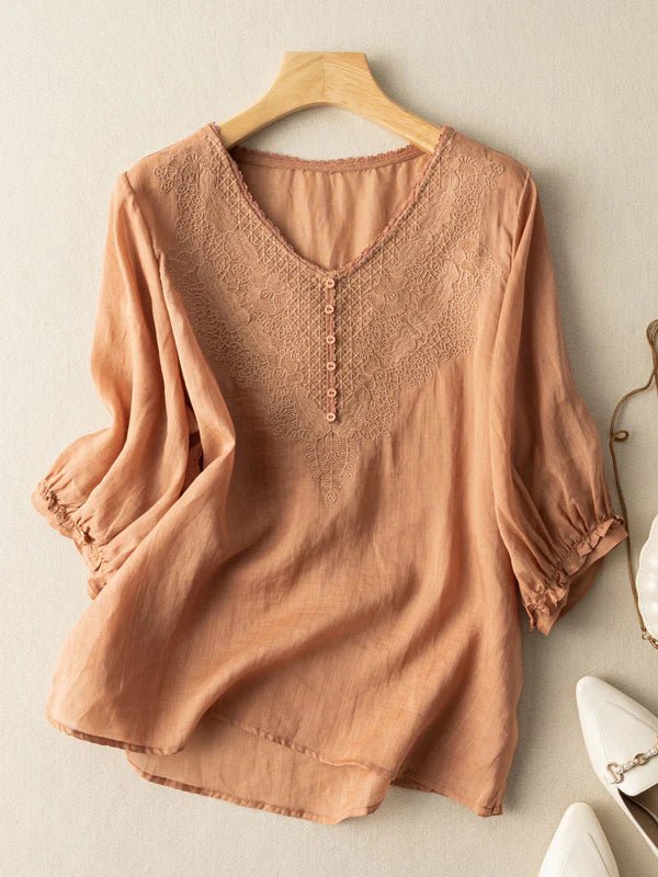 Embroidered V Neck Half Sleeve Linen Top