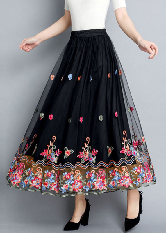Black Embroideried Tulle Maxi Skirts Summer