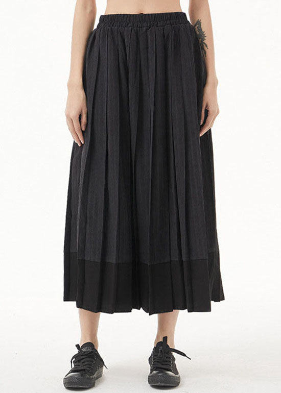 Dark Grey Elastic Waist Patchwork Pleated Skirt Spring