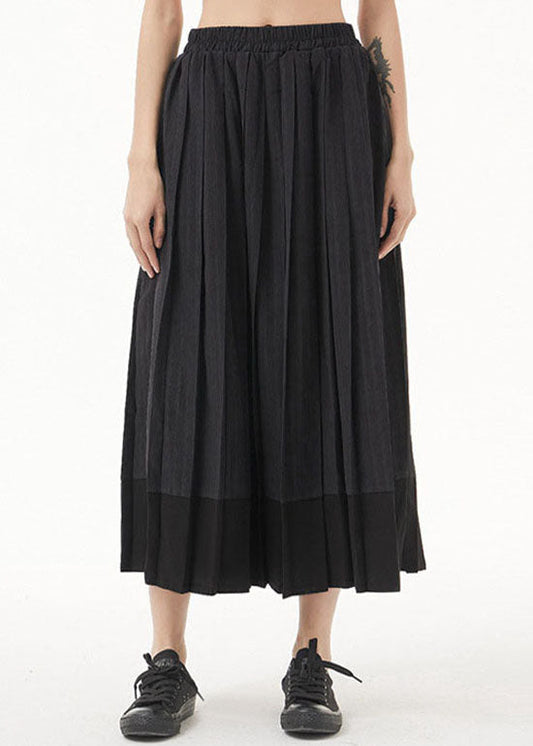 Dark Grey Elastic Waist Patchwork Pleated Skirt Spring