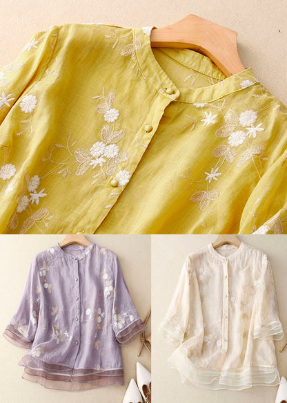 Yellow Stand Collar Embroidered Patchwork Cotton Shirts Bracelet Sleeve
