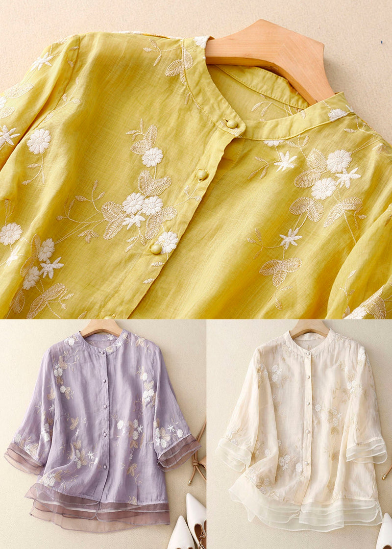 Yellow Stand Collar Embroidered Patchwork Cotton Shirts Bracelet Sleeve