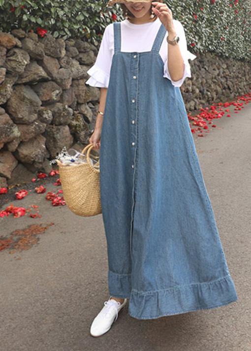 Denim Blue Quilting Dresses Spaghetti Strap Ruffles Loose Dresses