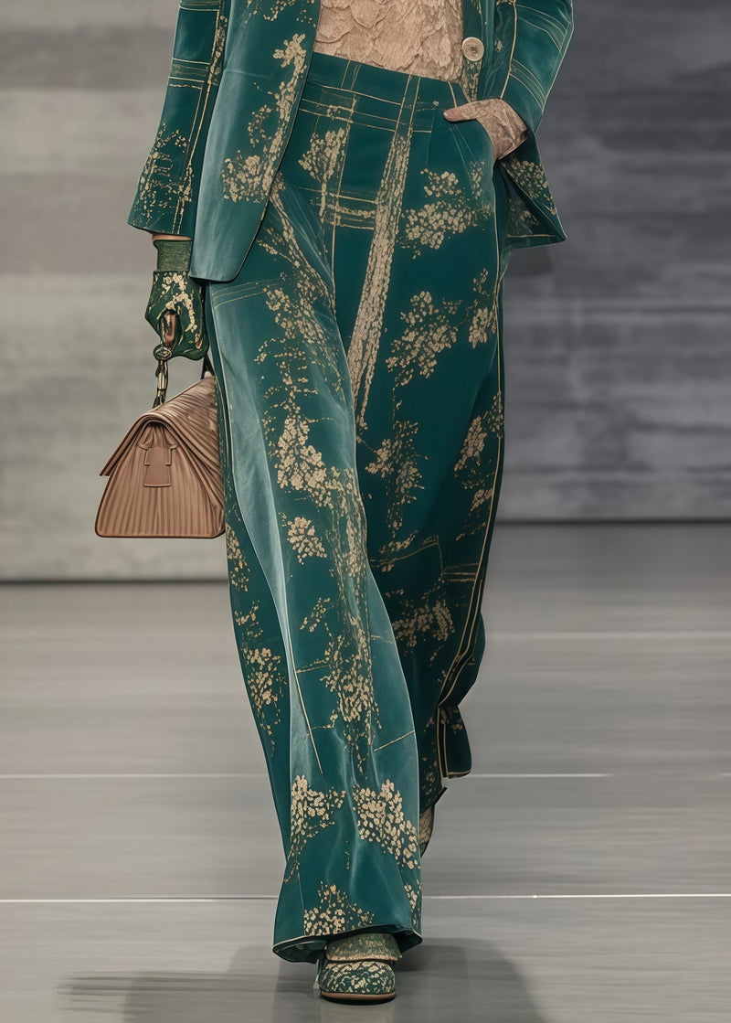 Green Oversized Print Spandex Coats and Straight Pants Two Piece Set Spring