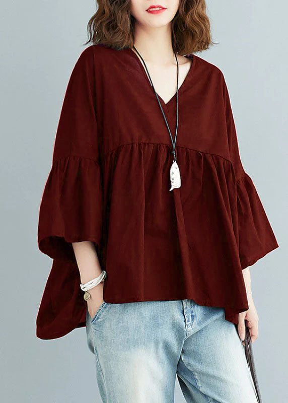 Green V Neck Patchwork Asymmetrical Design Fall Top Three Quarter Sleeve