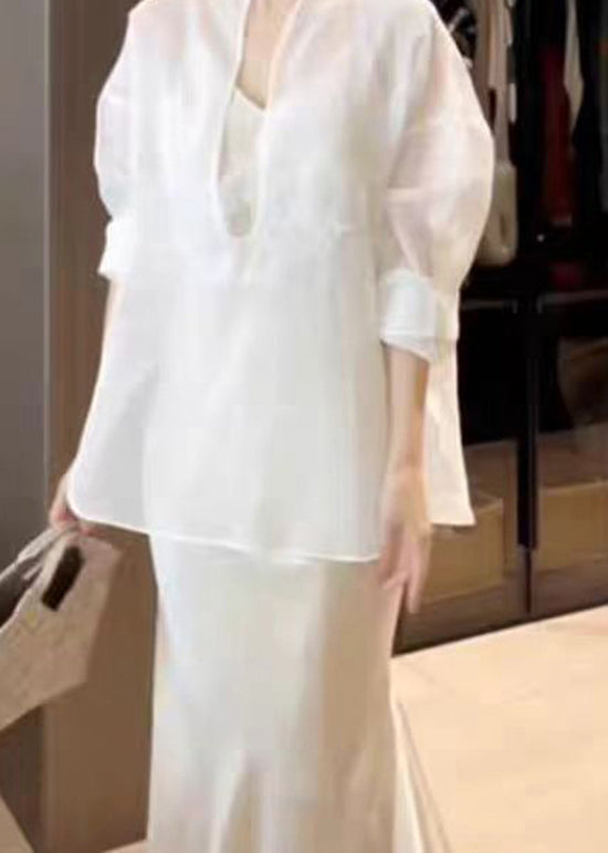 White Top and Skirts Silk Two Piece Suit Set Spring