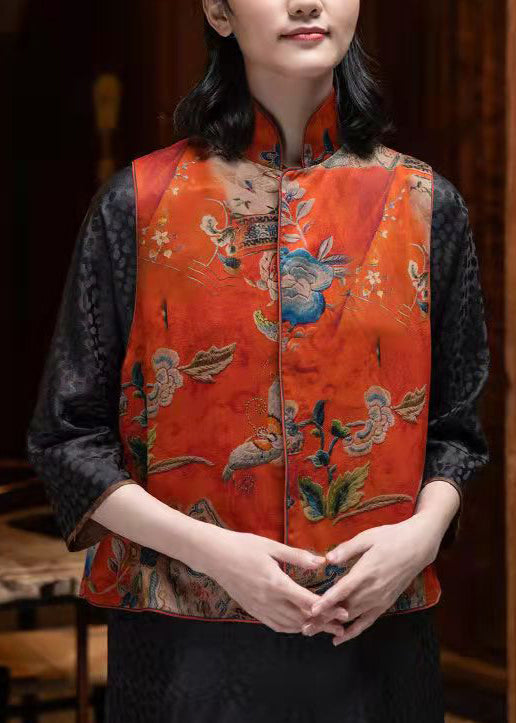 Original Design Red Stand Collar Embroideried Silk Chinese Style Vest Sleeveless