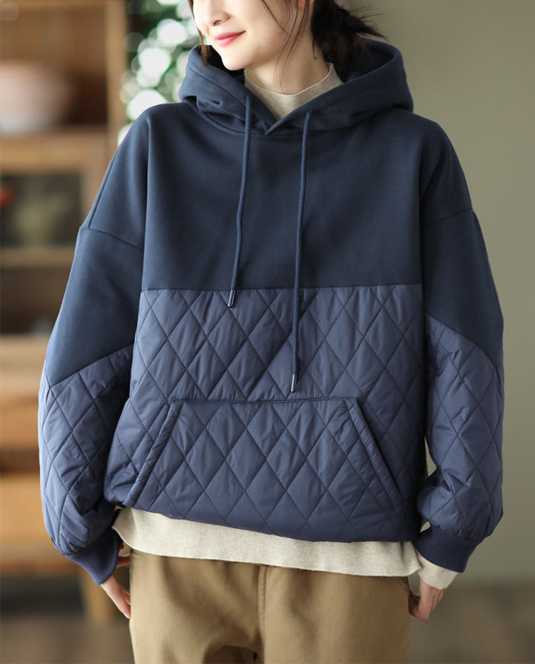 Loose Warm Patchwork Hooded Padded Sweatshirt