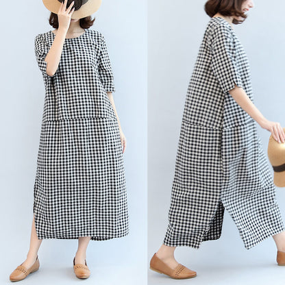 Black White Plaid Cotton Dresses Baggy Loose Half Sleeve Maxi Dress Side Open