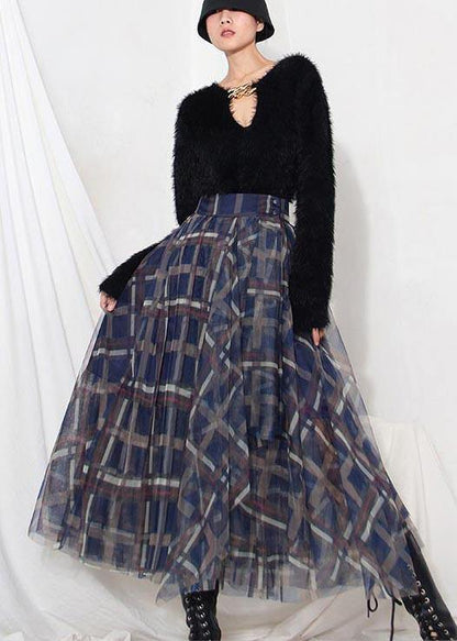 Blue Plaid Zippered a Line Skirt Summer
