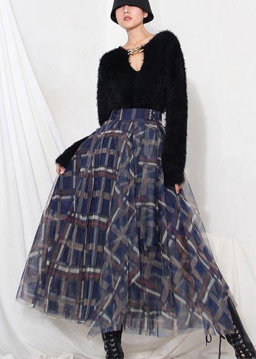 Blue Plaid Zippered a Line Skirt Summer