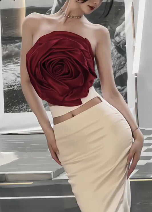 Red Tank and Beige Skirts Cotton Two Pieces Set Sleeveless