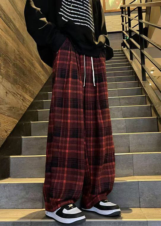 French Red Plaid Elastic Waist Warm Fleece Pants Winter