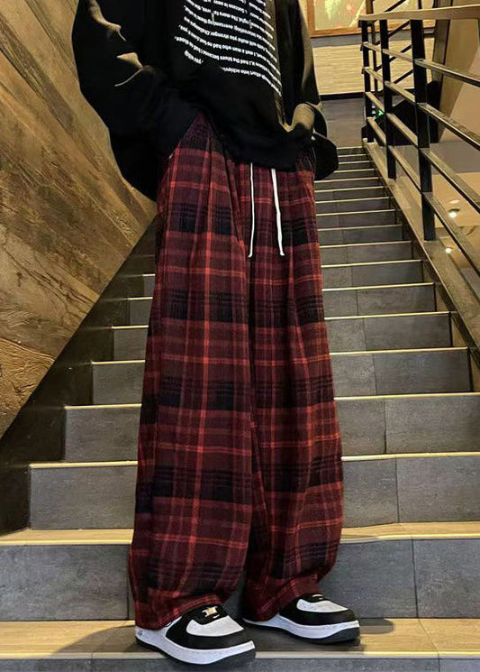 French Red Plaid Elastic Waist Warm Fleece Pants Winter