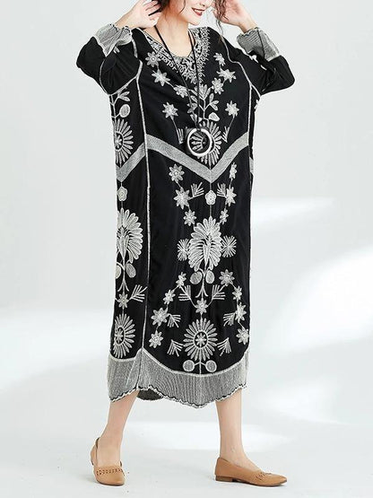 French Black Print V Neck Baggy Chiffon Robes Spring Dresses