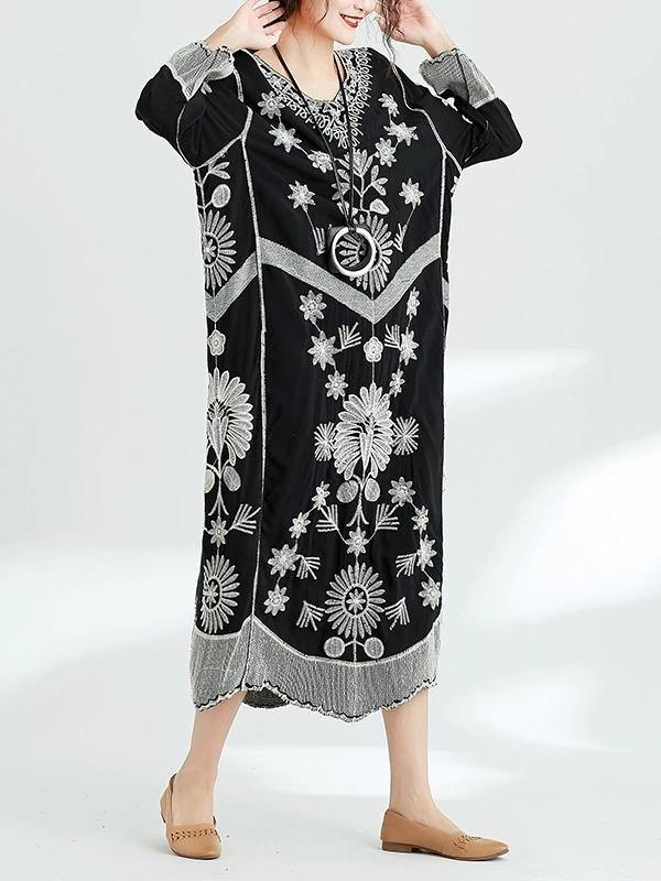 French Black Print V Neck Baggy Chiffon Robes Spring Dresses