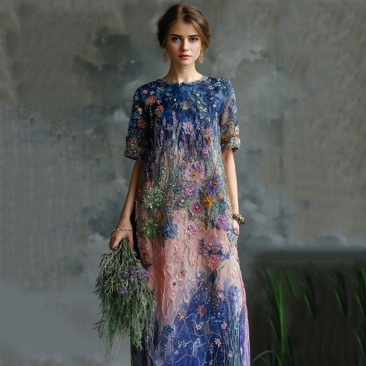 Women's Elegant Oil Painting Floral Sequined Maxi Dress