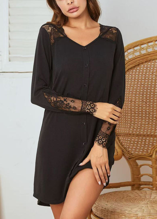 Black Lace Patchwork Cotton Spring Pajamas Dresses V Neck