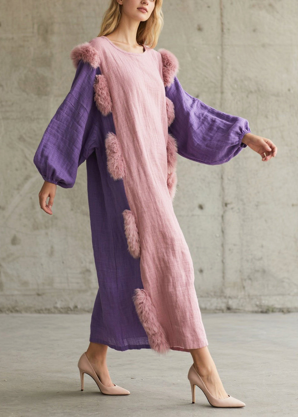 Pink Oversized Patchwork Faux Fur Cotton Party Dress Lantern Sleeve