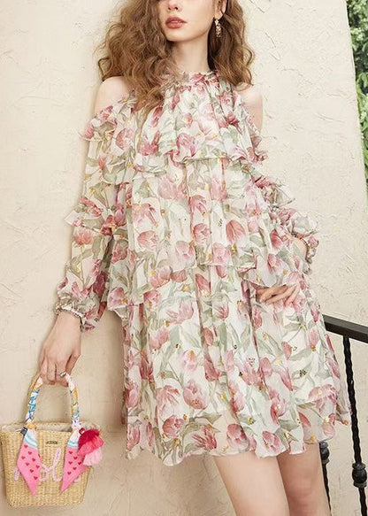 Stylish Green Cold Shoulder Print Chiffon Mid Dress Fall