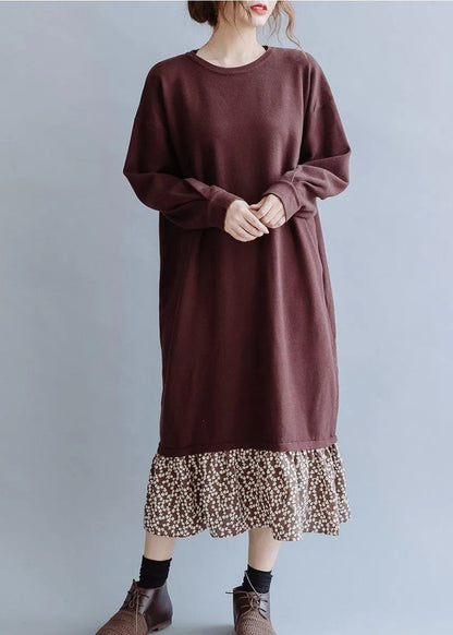 O Neck Asymmetric False Two Pieces Fall Clothes for Outfits Brown Loose Dress