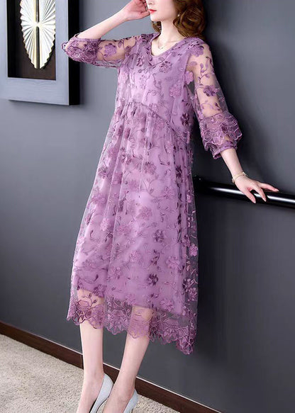 Purple O-neck Embroideried Tulle Long Dresses Half Sleeve
