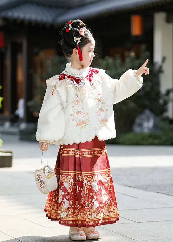 New White Nail Bead Coats and Maxi Skirts Two Pieces Set Winter