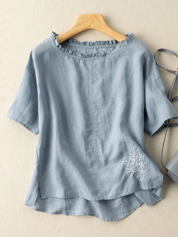 Embroidered Round Neck Short Sleeve Linen Tee Top