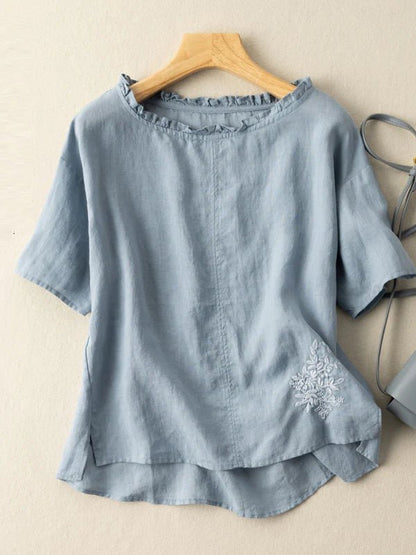 Embroidered Round Neck Short Sleeve Linen Tee Top