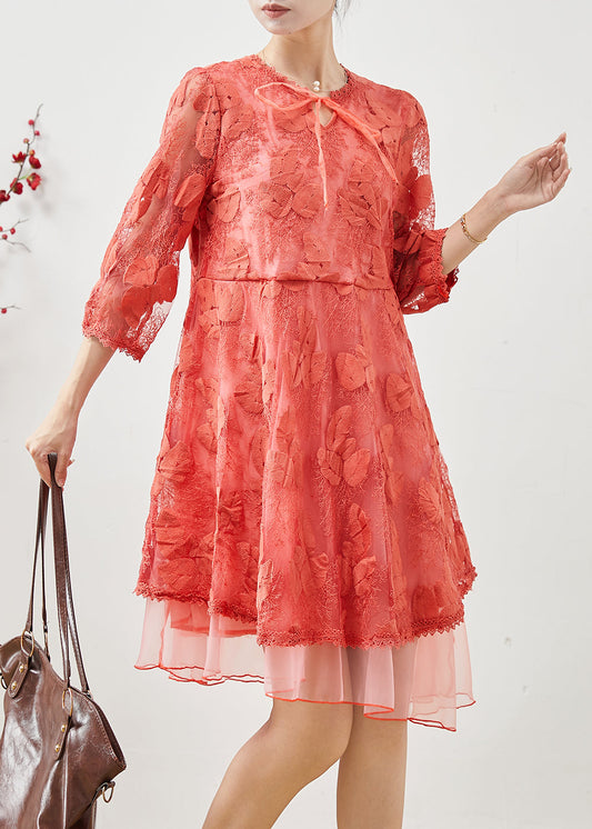 Orange Embroidered Tulle Vacation Dress Bracelet Sleeve