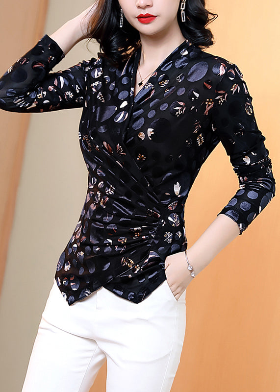 Black V Neck Print Tulle Patchwork Velour Top Spring