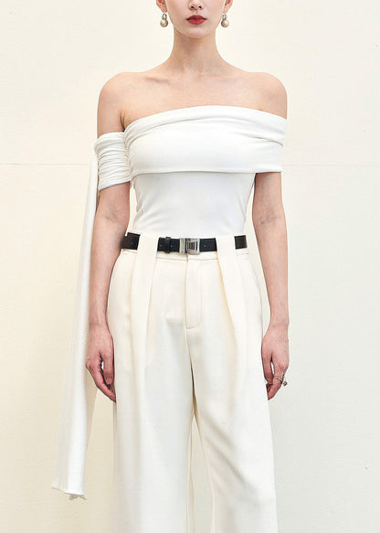 Slim Fit White Slash Neck Cotton Tops Sleeveless