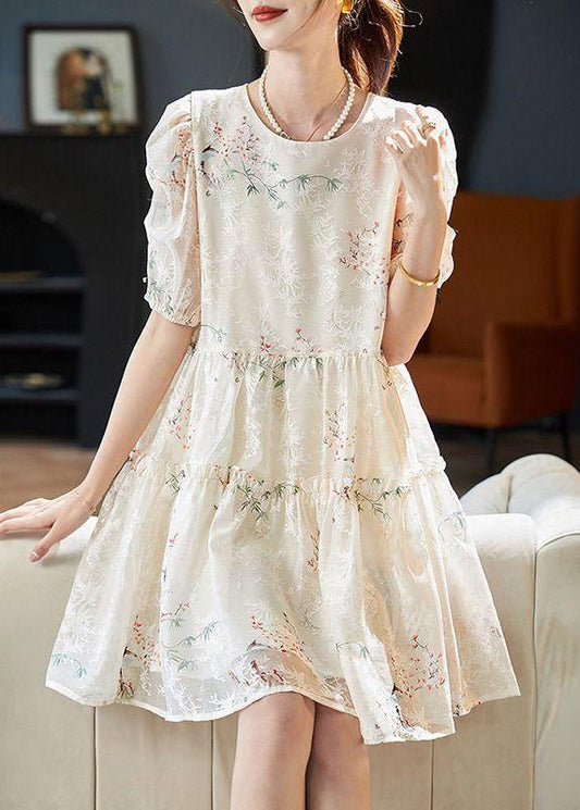 Boutique Apricot O-neck Print Silk Mid Dress Summer