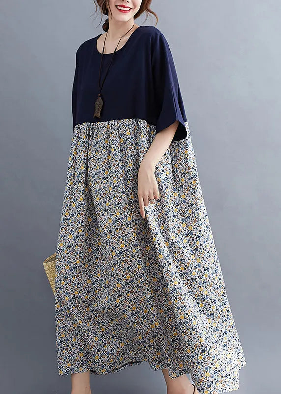 Navy O-neck Print Patchwork Maxi Dresses Half Sleeve