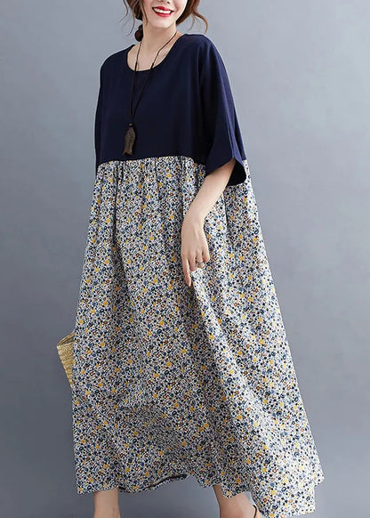 Navy O-neck Print Patchwork Maxi Dresses Half Sleeve