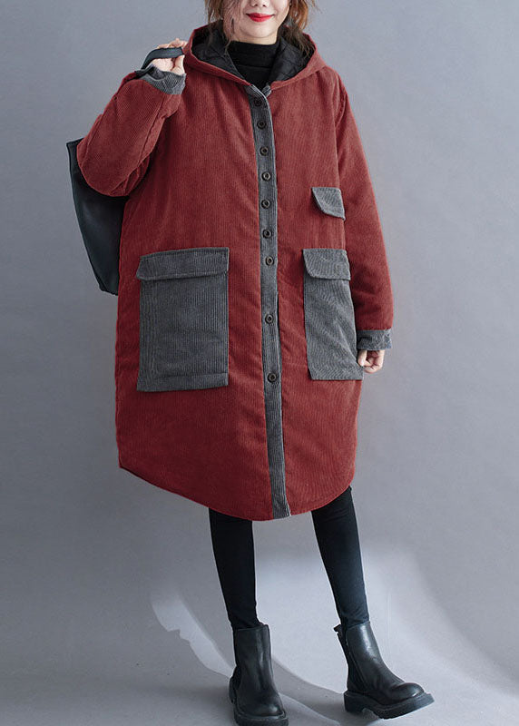 Red Hooded Button Corduroy Winter Cotton Long Coat Sleeve