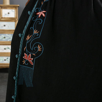 Autumn Retro Embroidery Linen A-line Skirt