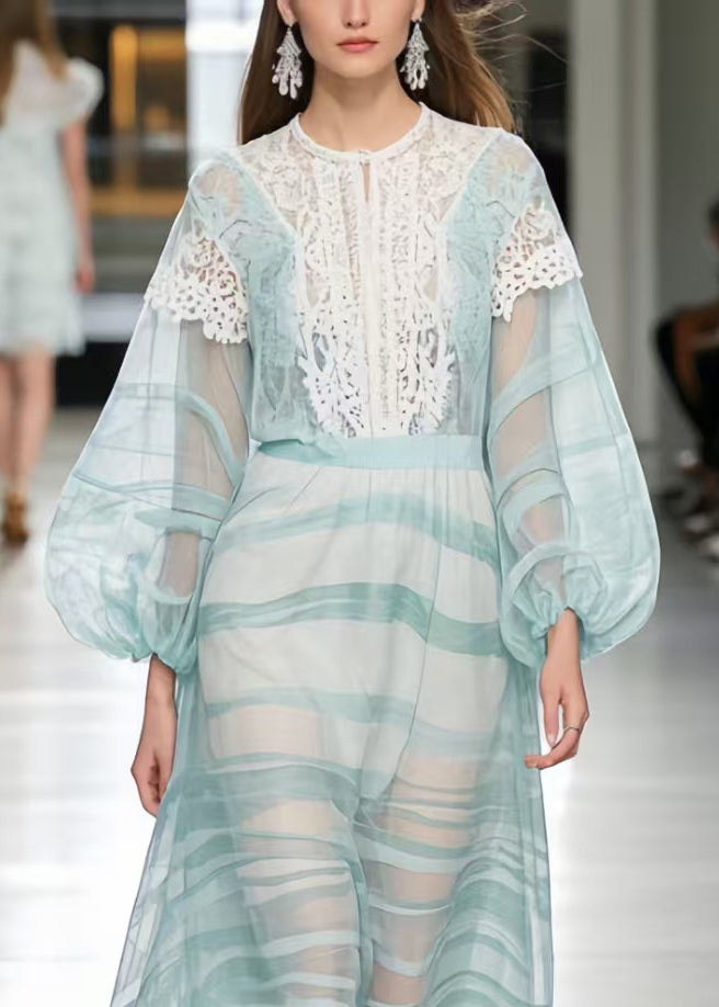 Light Blue Print Lace Patchwork Chiffon Ankle Dress Summer