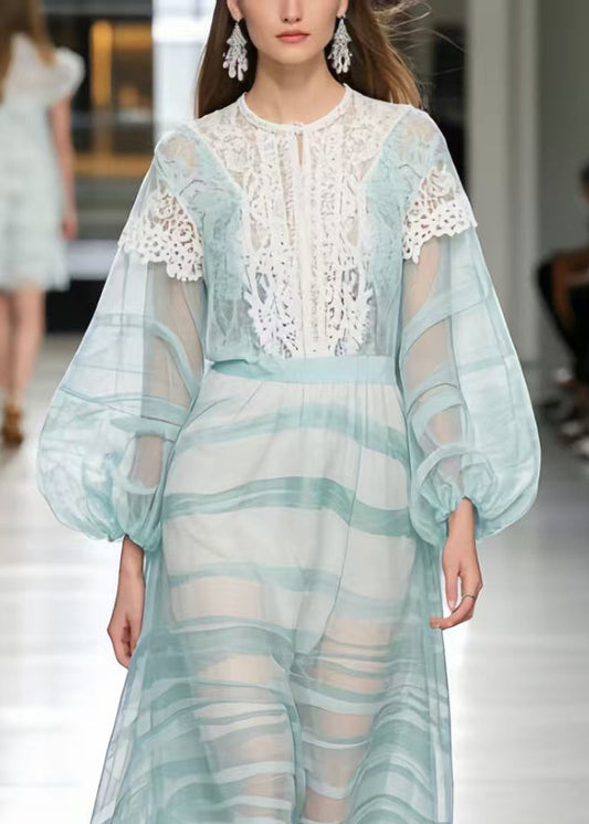 Light Blue Print Lace Patchwork Chiffon Ankle Dress Summer