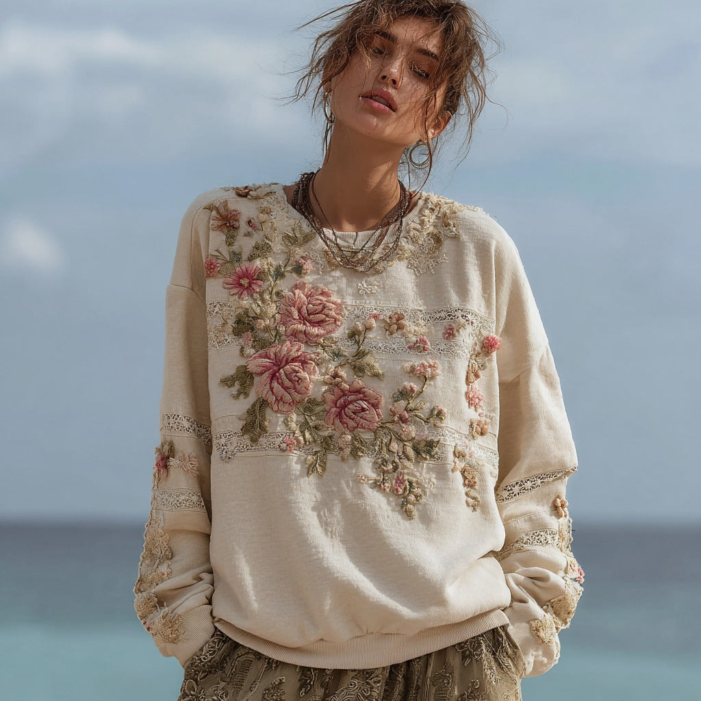 Women's Retro Bohemian Rose Floral Stitching Warm Sweatshirt elevenforest