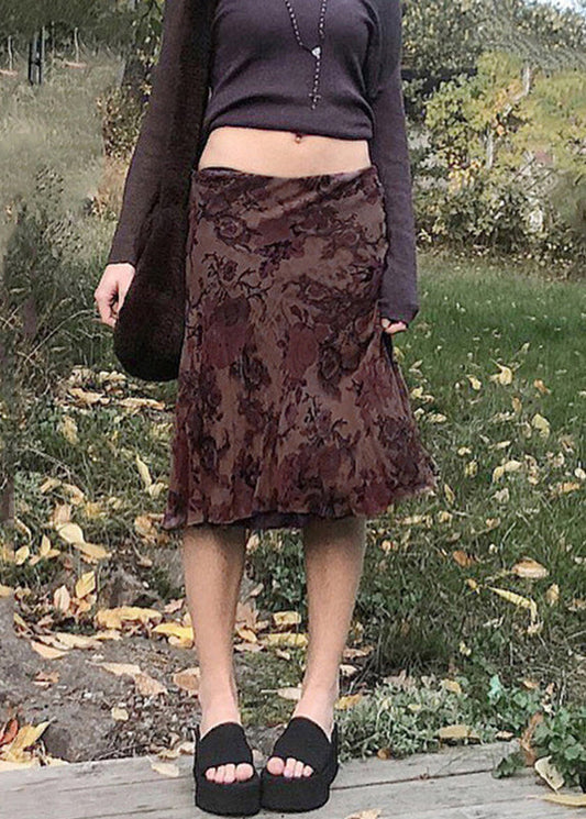 Brown Print High Waist Patchwork Tulle Skirts Summer